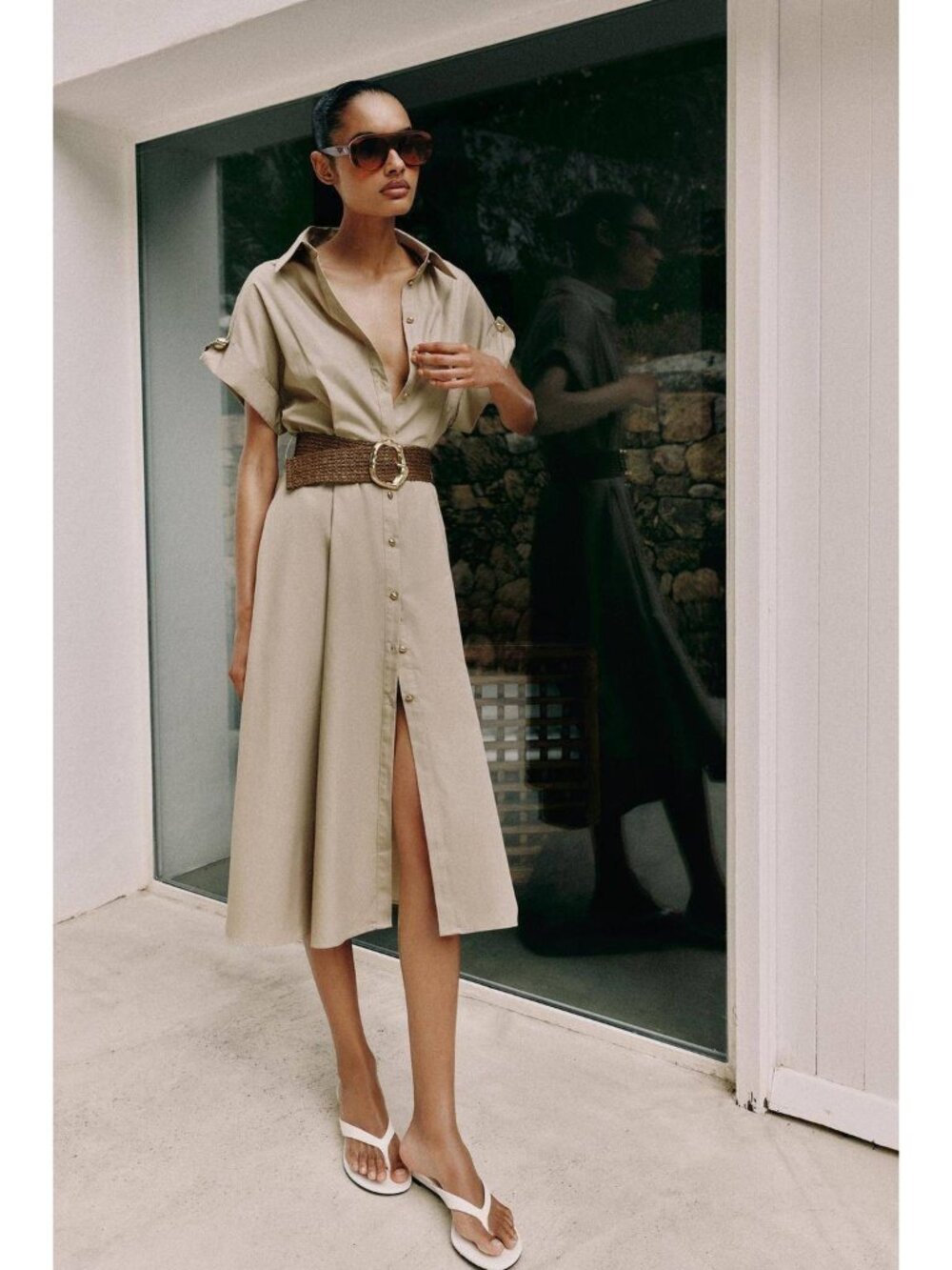 Zara Poplin Midi Dress Medium Brown Tan Cuffed Sleeve 5029/270 NWT